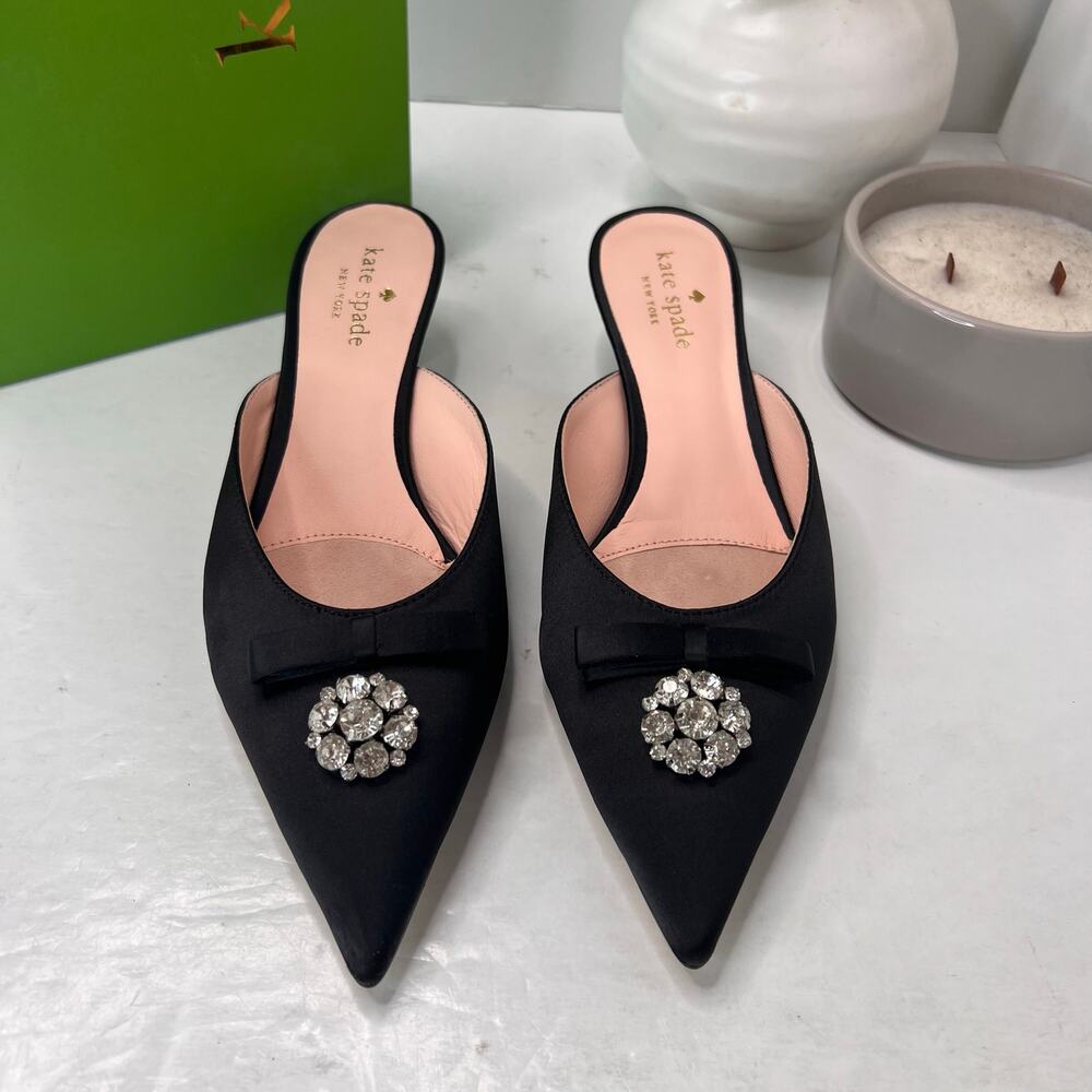 Kate Spade Darlene Satin Crystal/Bow Kitten Heel Mule Black Women 7M Tried On - Picture 1 of 11